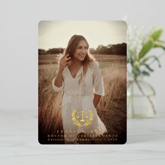 Foil JD Law Scales Graduation Photo Announcement (Standing Front)