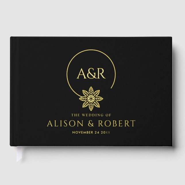Foil jewellery inspired frame initials black weddi guest book (Front)