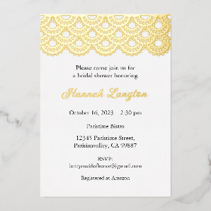 Foil Lace Bridal Shower Invitation, Gold, Rosegold