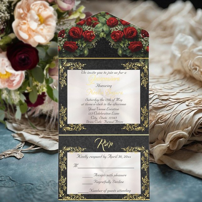 Foil Leaf Frame Quinceanera - Pearl/Rose Bouquet All In One Invitation (Creator Uploaded)