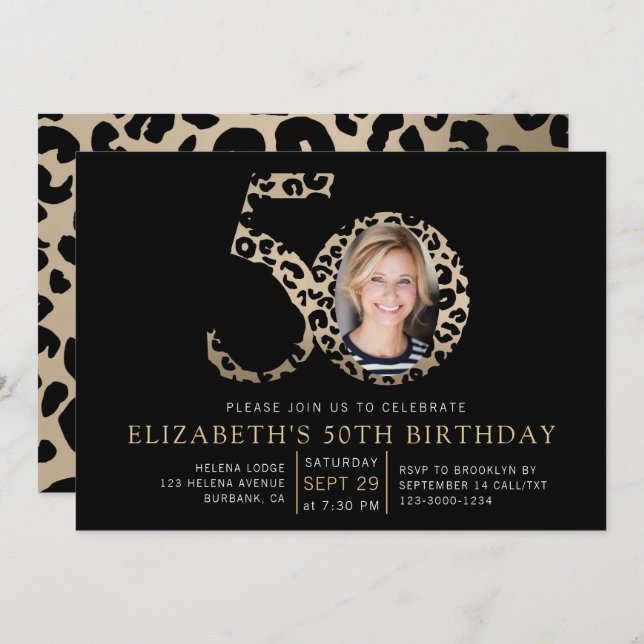Foil Leopard Print Photo 50th Birthday Invitation (Front/Back)