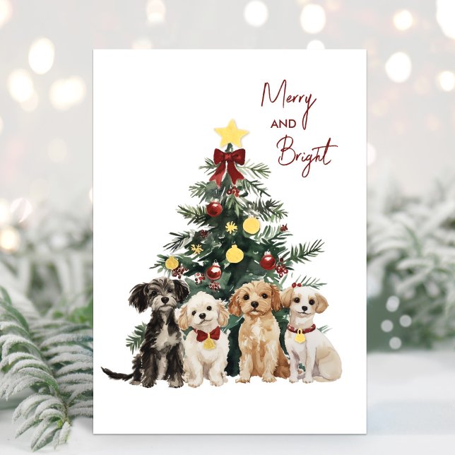Foil Merry & Bright Dogs Christmas Card (Stars, ornaments and bells on dog collars are gold foil)