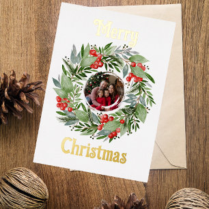Foil Merry Christmas Card Photo in Wreath Gold 