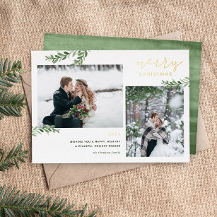 Foil Merry Christmas   Greenery Branches 2 Photo Foil Holiday Card