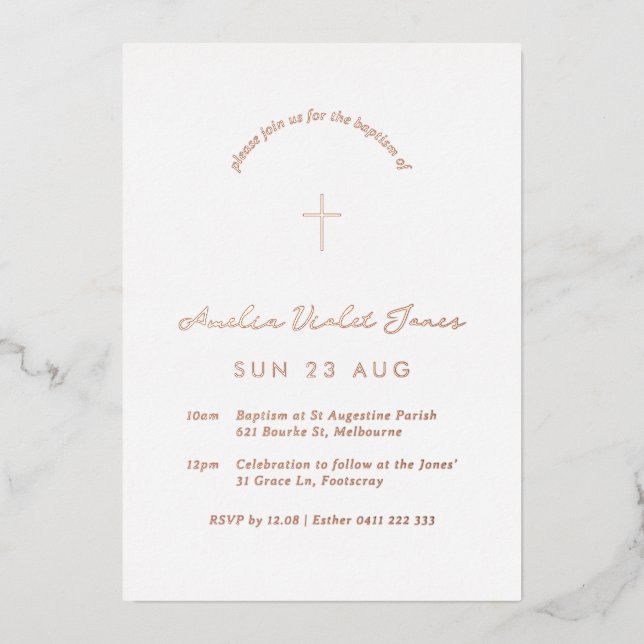 Foil Minimal Baptism Christening Cross Invitation (Front)