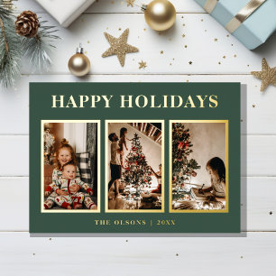 FOIL Minimalist Classic Holidays Green Three Photo Foil Holiday Card