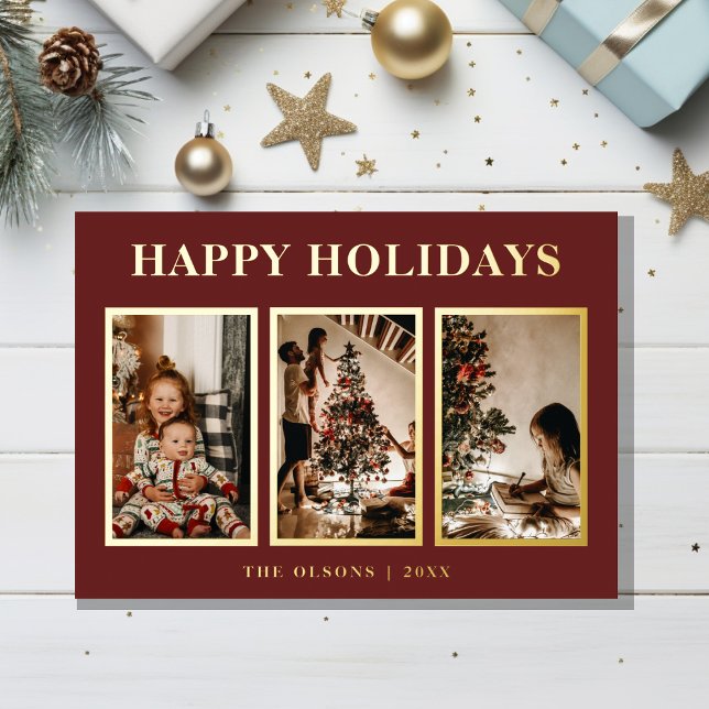 FOIL Minimalist Classic Holidays Red Three Photo Holiday Card (Creator Uploaded)