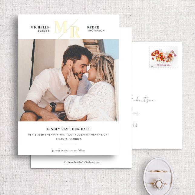 Foil Modern Monogram Minimal Photo Save the Date (Creator Uploaded)