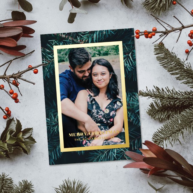 Foil Modern Pine Frame Christmas Photo Card (Creator Uploaded)