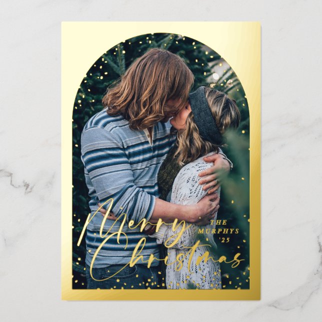 Foil Modern Snow Globe Merry Christmas Photo Card (Front)