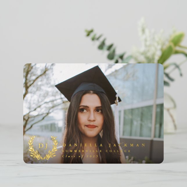 Foil Monogram 2 Photo Graduation Announcement (Standing Front)