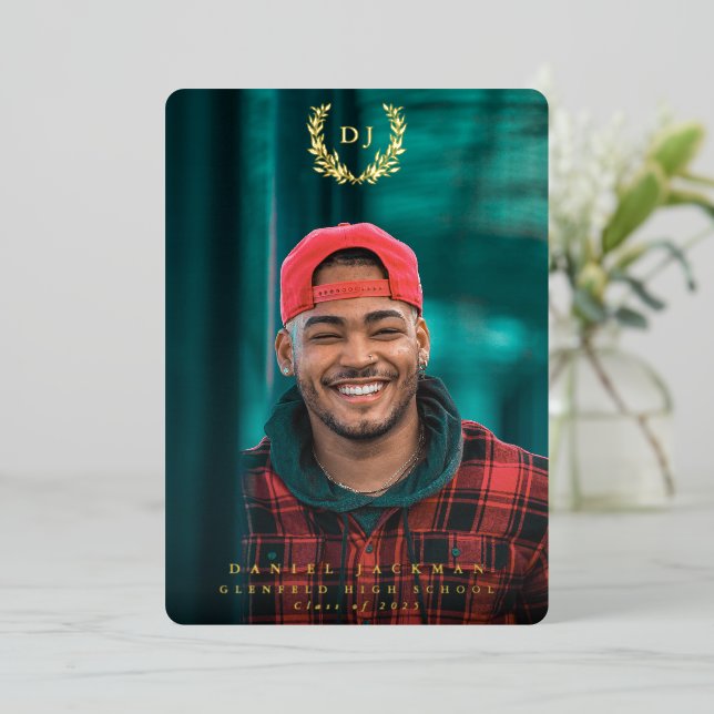 Foil Monogram 2 Photo Graduation Announcement (Standing Front)