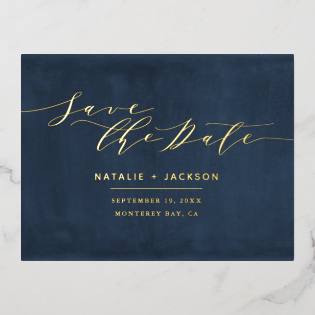 Foil Navy blue white elegant wedding save the date Holiday Postcard (Front)