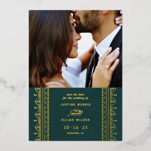 Foil Ornate Frame Save the Date Card - Teal