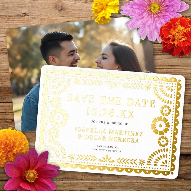 Foil Papel Picado Photo Wedding Save The Date Card (Creator Uploaded)