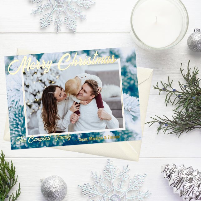 Foil Photo Holiday Card w/ Snowy Evergreen Branch (Gold Foil Christmas Card with Snowy Evergreen and Photo)