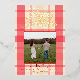 Foil Pink Plaid Vintage Happy Holidays Card