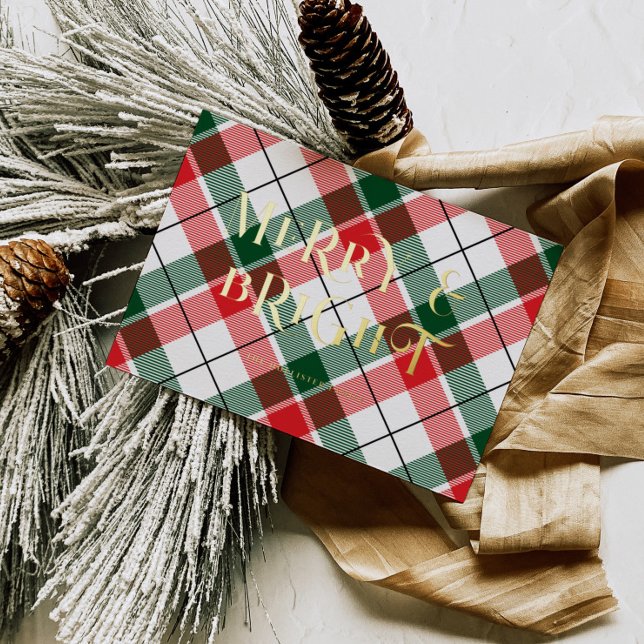 Foil Plaid Merry & Bright Typography Holiday Card  (Creator Uploaded)
