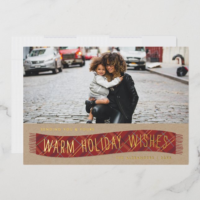 Foil Plaid Winter Scarf Holiday Photo Card - Red (Envelope)
