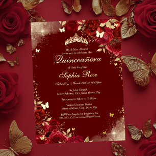 Foil Red Gold Butterfly Floral Quinceanera