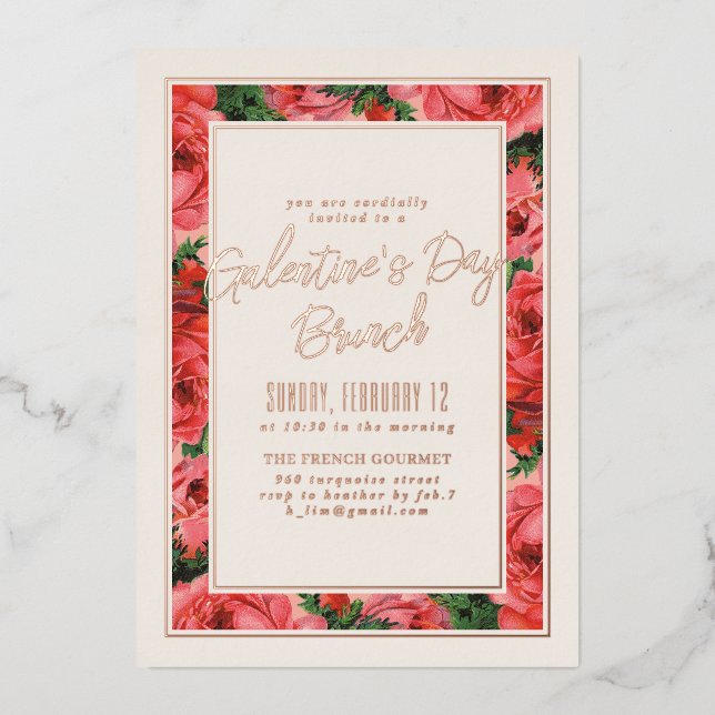 Foil Rose Frame Galentine's Day Invitation - Ivory (Front)