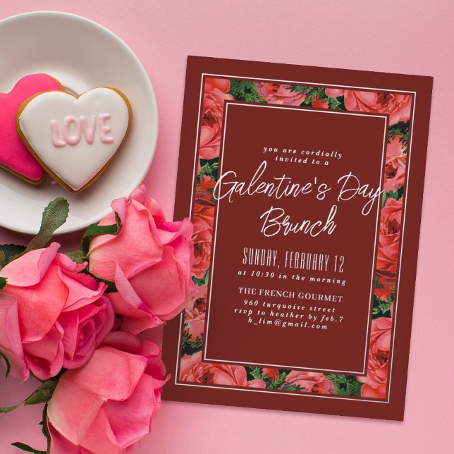 Foil Rose Frame Galentine's Day Invitation -Maroon (Creator Uploaded)
