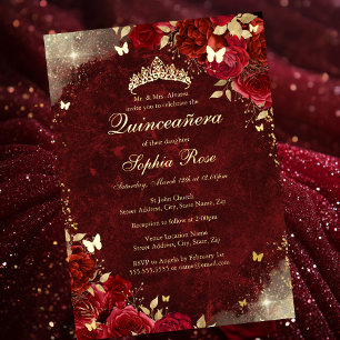 Foil Royal Red Gold Butterfly Floral Quinceanera