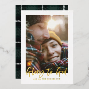 foil script glory to god green tartan photo  foil holiday card