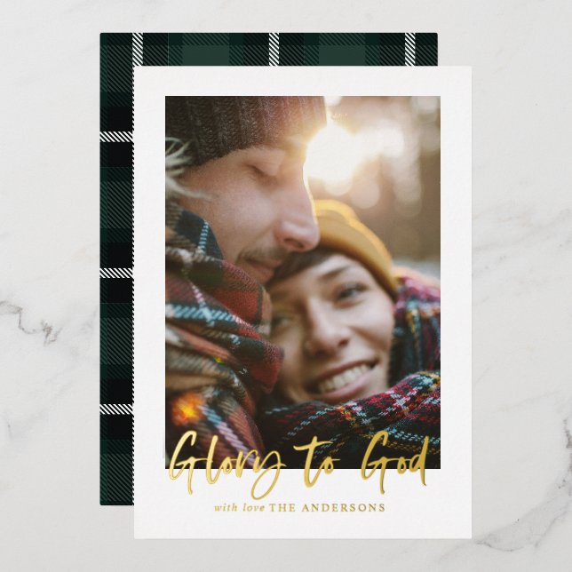 foil script glory to god green tartan photo  foil holiday card (Front/Back)