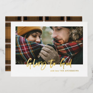 foil script glory to god mustard tartan photo  foil holiday card