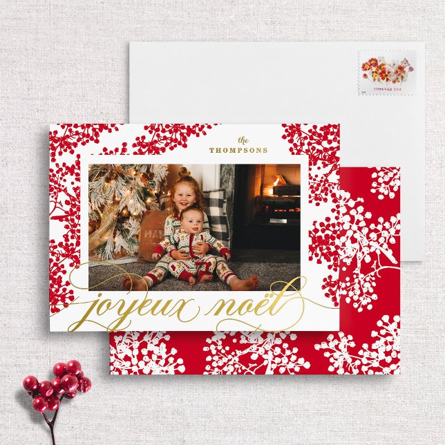 Foil Script Joyeux Noel Red Berries Photo Card (Creator Uploaded)