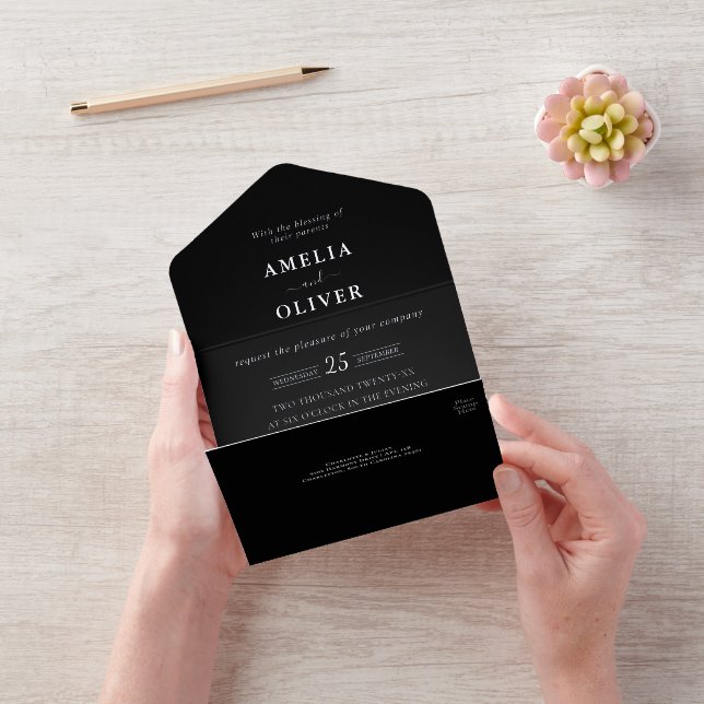 Foil Silver QR Code Dark Black Typographic Wedding All In One Invitation (Video)