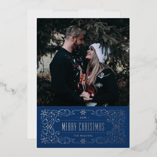 Foil Snowflake Flourish Frame Card - Blue (Envelope)