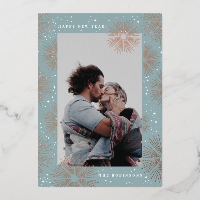 Foil Sparkly Blue Fireworks New Years Photo Card (Front)