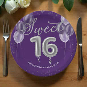 Foil Sweet 16 Birthday Balloons Party Purple Paper Plate
