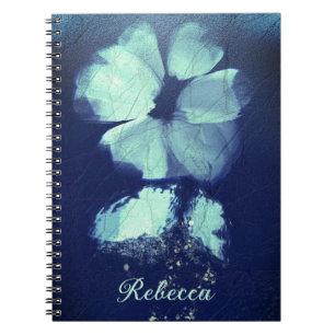 Foil Torquoise Floral Navy Blue Script Monogram Notebook