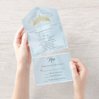 Foil Vintage Frame Quinceanera - Pastel Blue All In One Invitation