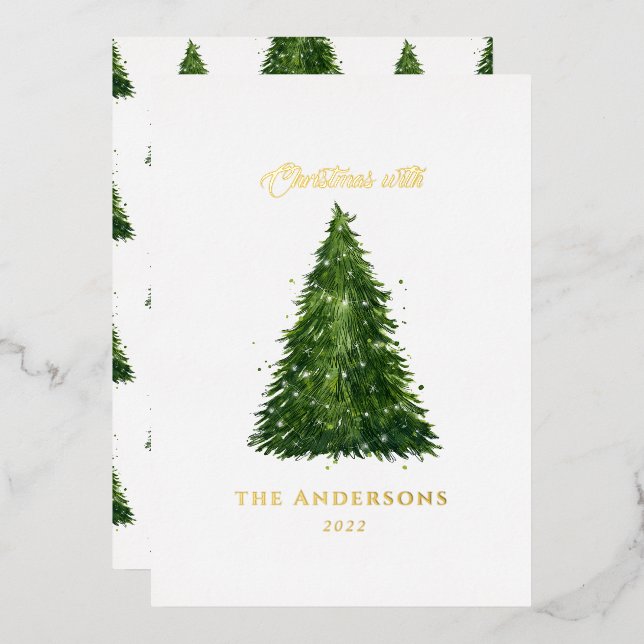 foil watercolor tree christmas with holidays  holiday card (Front/Back)