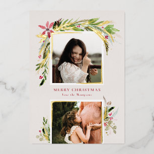 Foil Watercolor Winter Greenery Holiday Photo Card