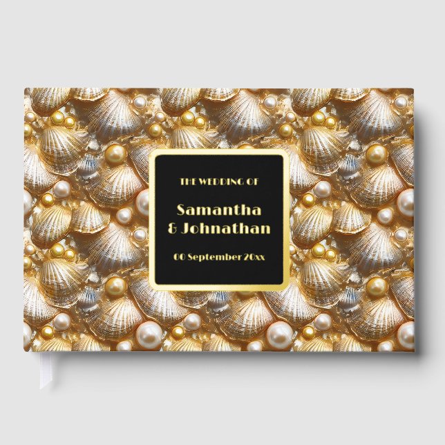 Foil wedding | shell nautical beach pattern gold guest book (Front)