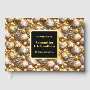 Foil wedding shell nautical beach pattern gold guest book