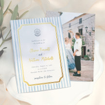 Foil Whimsical Retro Blue Stripes Wedding