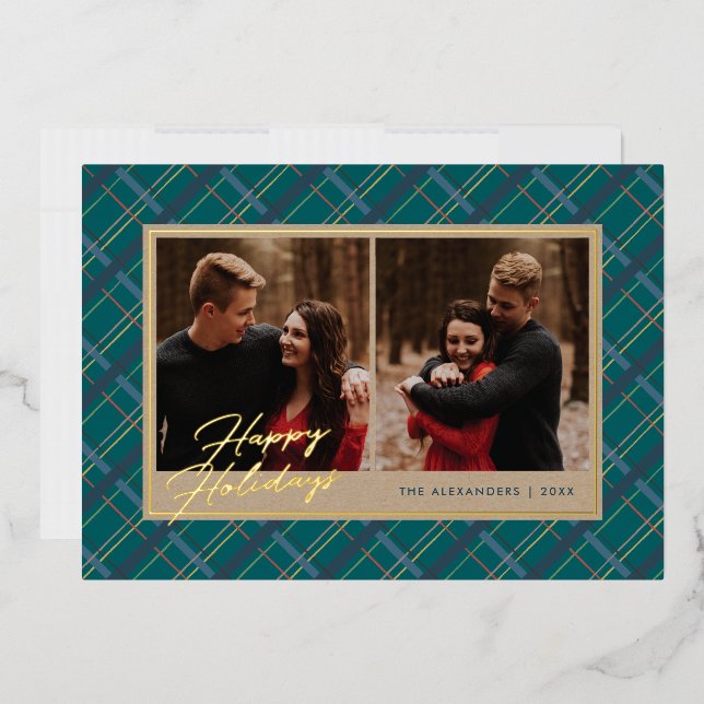 Foil Winter Plaid Holiday 2-Photo Card - Green (Envelope)