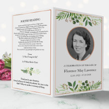 Foldable memorial program, greenery & rose gold