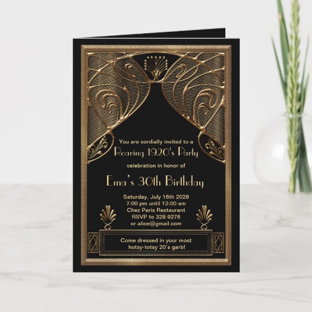 Folded Announcement Card Art Deco Black and Gold (Front)