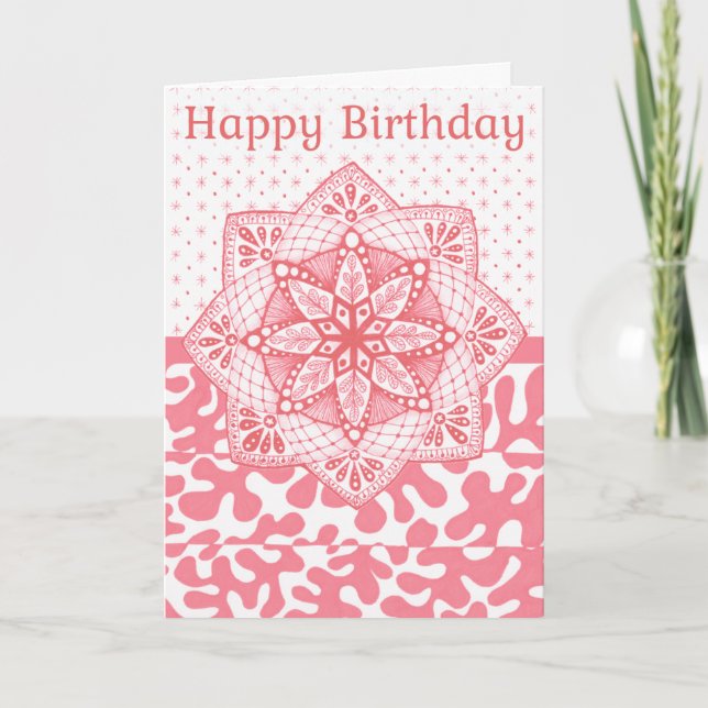 Folded Birthday Card Pink Coloured Doodle Design (Front)