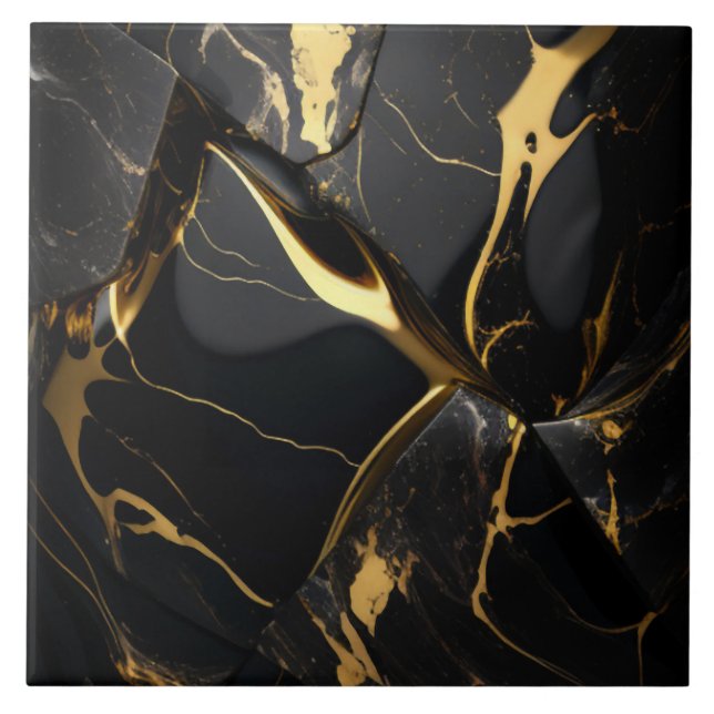Folded Black and Gold Marble Effect Ceramic Tile (Front)