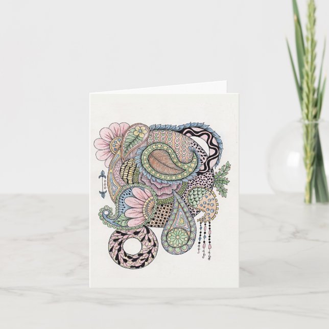 Folded Blank Note Card Pink and Blue Doodle (Front)