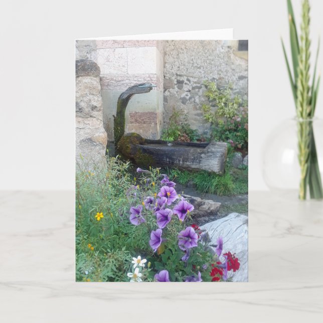 Folded Card with Alpine Fountain and Flowers (Front)