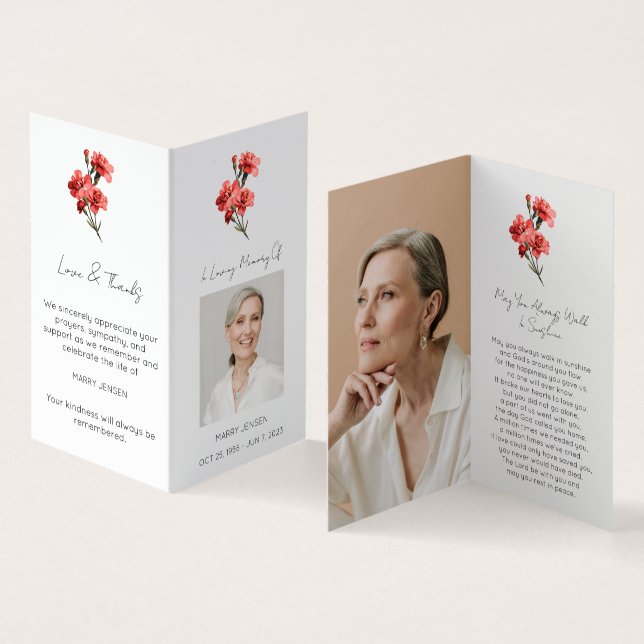 Folded Carnation Photo Funeral Prayer Card (Inside and Outside)